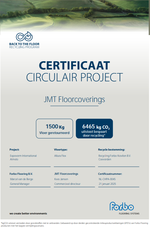 Certificaat behaald door Expovorm voor duurzame standbouw door recycling van beursvloeren